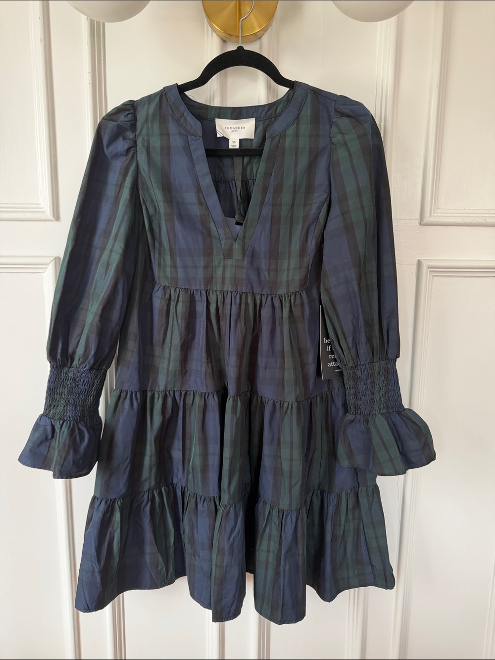 Tuckernuck Pomander Place Navy and Green Plaid Tiered Long Sleeve Dress size XS